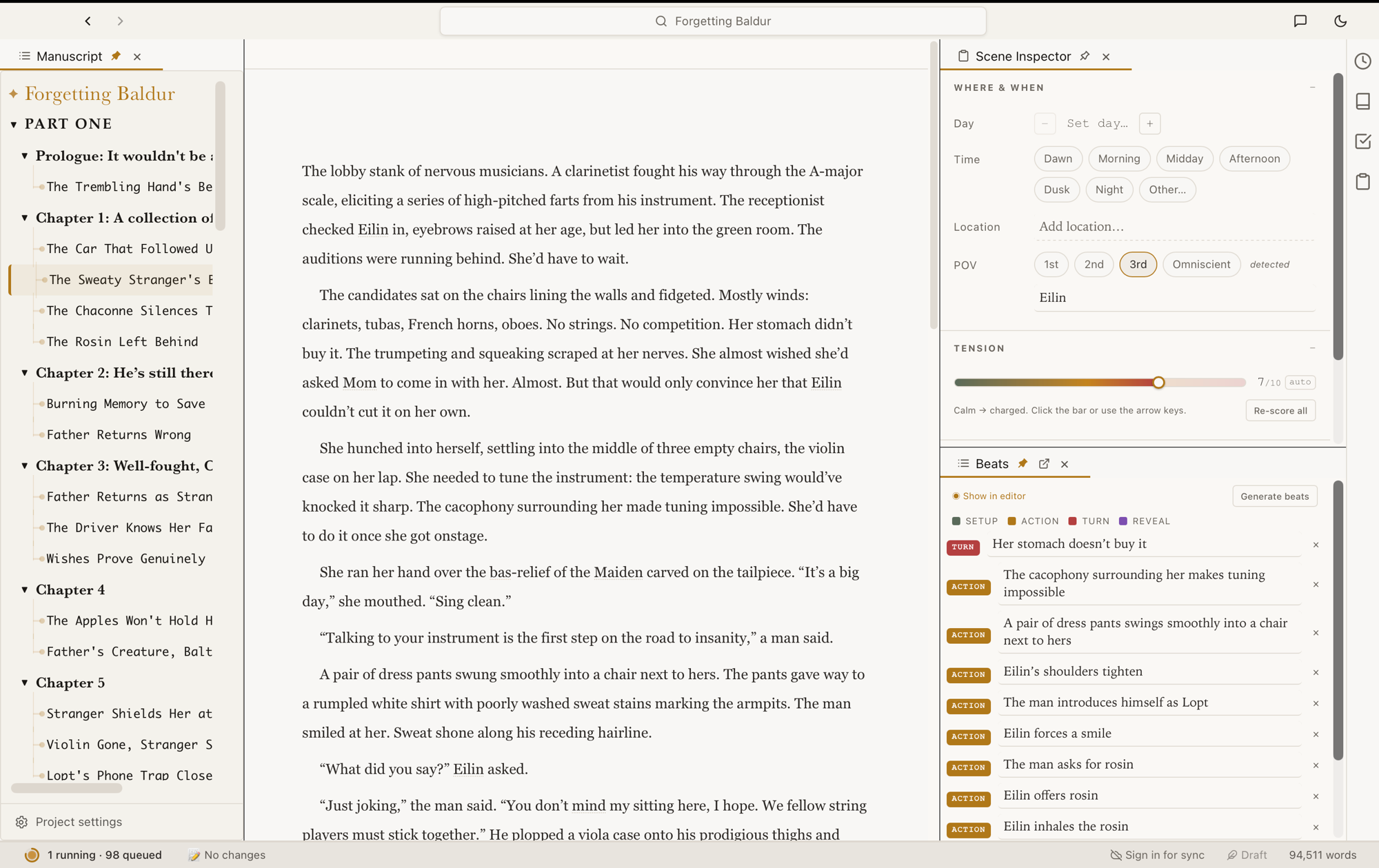 The DeepQuill editor with the Scene Inspector open — auto-detected POV, scene tension, and beats alongside the prose